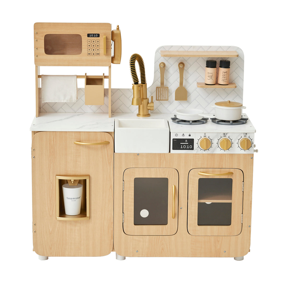 Children's TEAMSON KIDS - LITTLE CHEF CYPRUS MEDIUM PLAY KITCHEN, LIGHT OAK/WHITE set with wooden appliances and utensils.