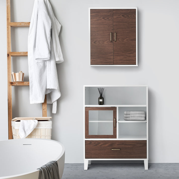 A white and wood wall cabinet over a matching floor cabinet in a bath setting