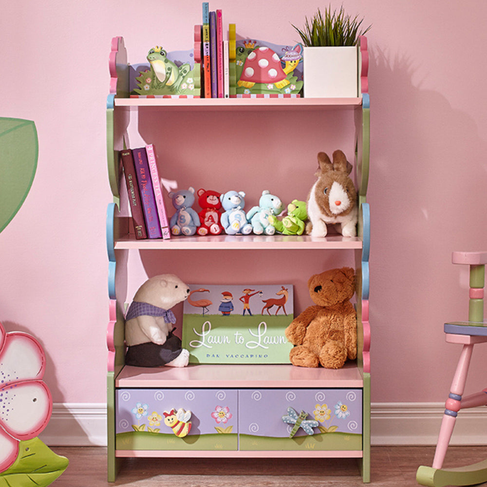 A 3-tier bookshelf with storage drawers with toys