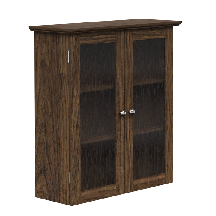 Walnut finished wall cabinet with two doors with glass panels.