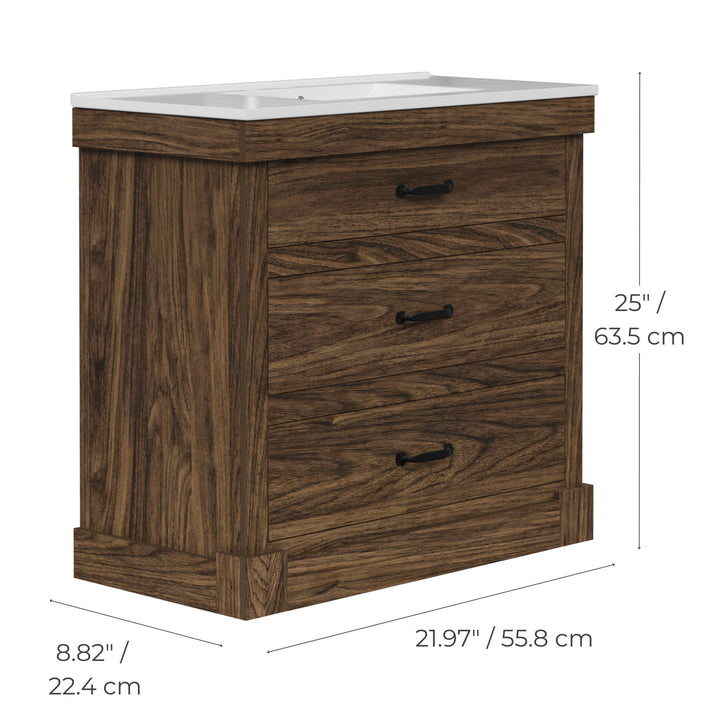 Dimensional graphic of a walnut finished sink vanity in inches and centimeters.