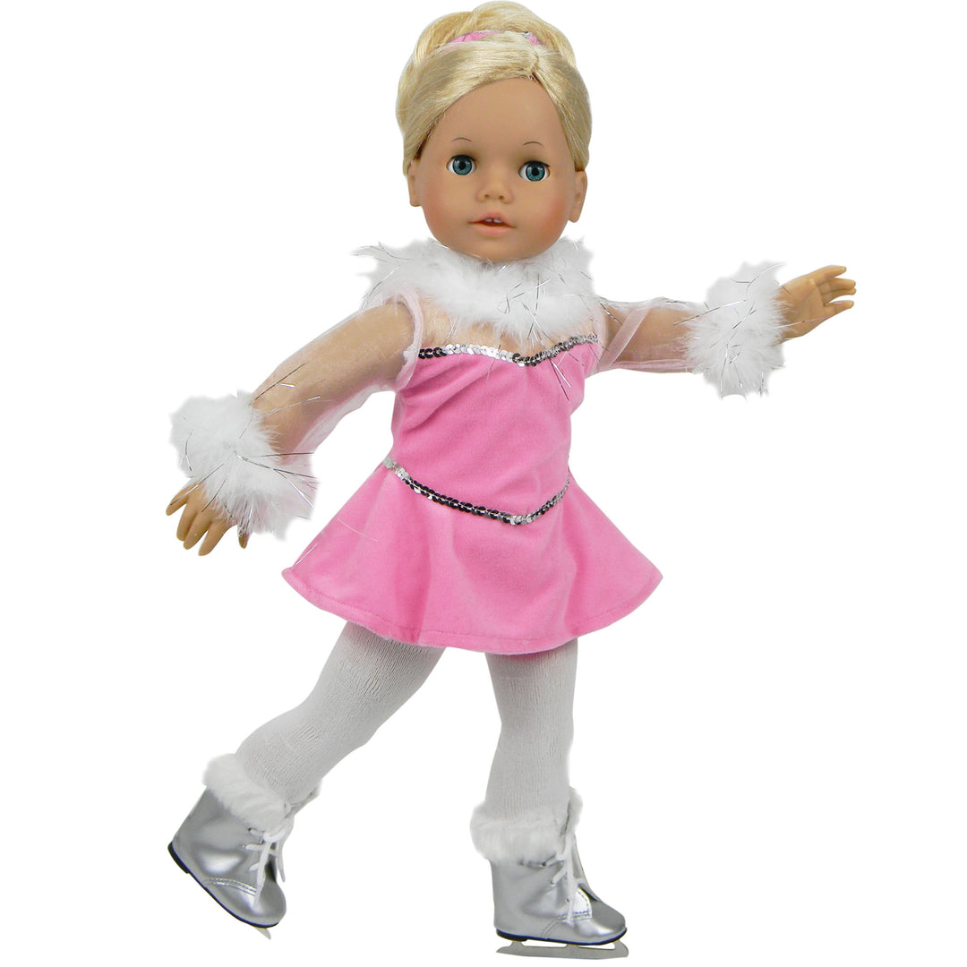 Sophia's Complete Figure Skating Outfit with Dress, Ice Skates and Accessories for 18" Dolls, Pink/Silver