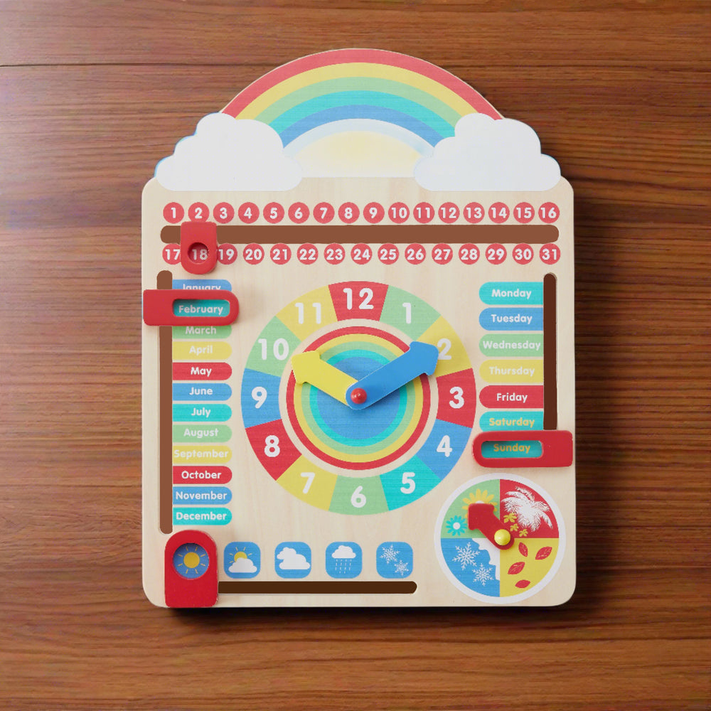 A children's daily calendar board set on top of a wood panel table