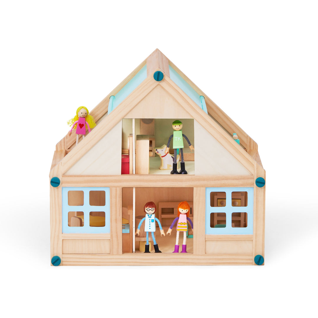 Olivia's Little World Buildable Wooden Dollhouse with 3.5" Doll People and Furniture, Tan/Sea Green