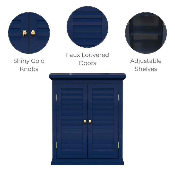 Infographic of a navy blue wall cabinet calling out shiny gold knobs, faux louvered doors, and adjustable shelves.