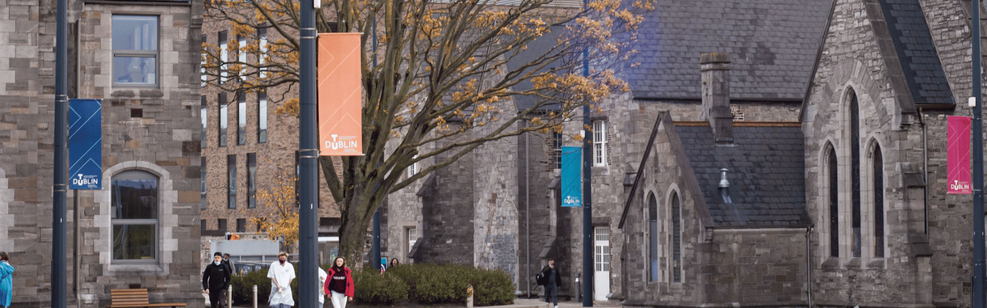 stone buildings with colourful university banners