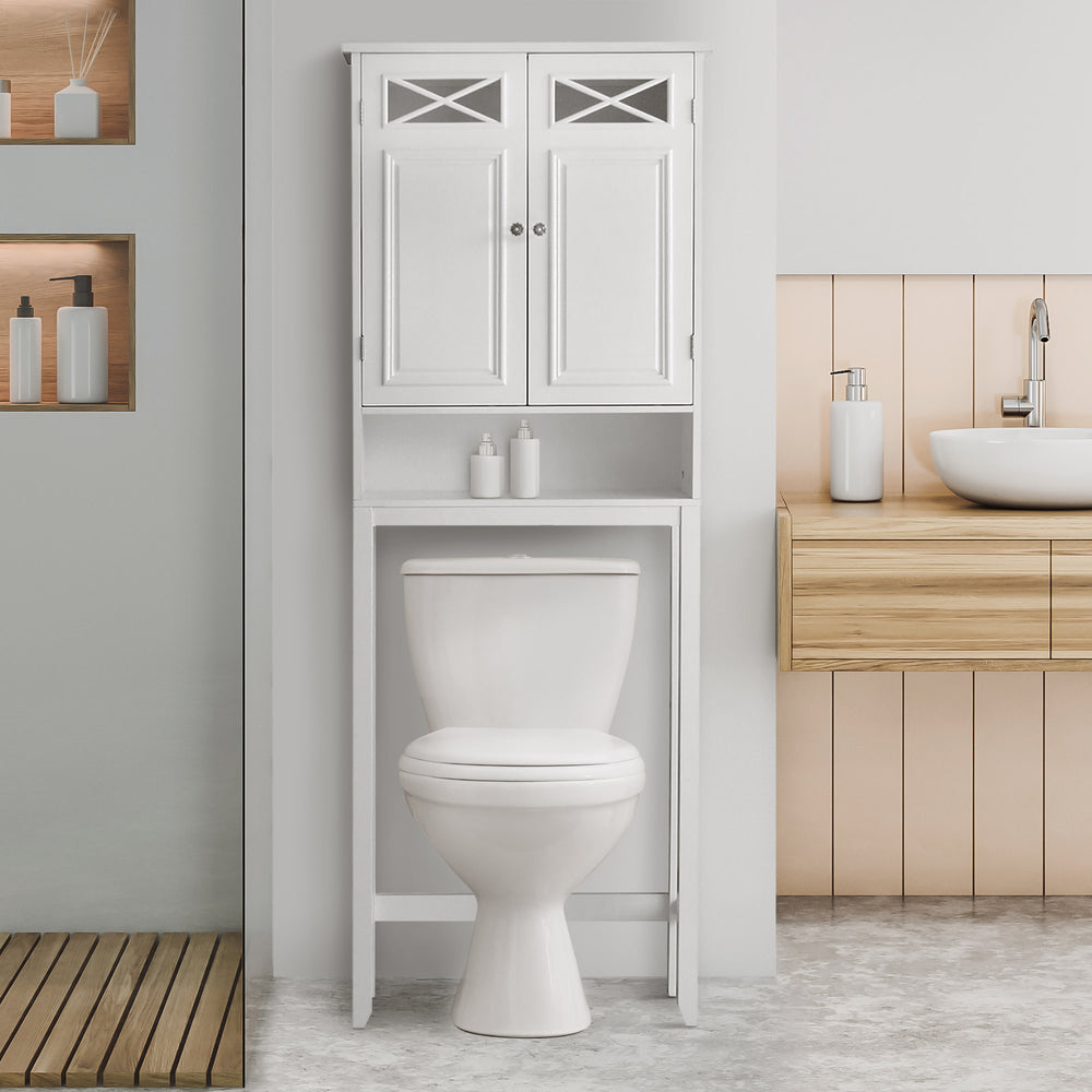 A white over-the-toilet cabinet in a bathroom over a toilet