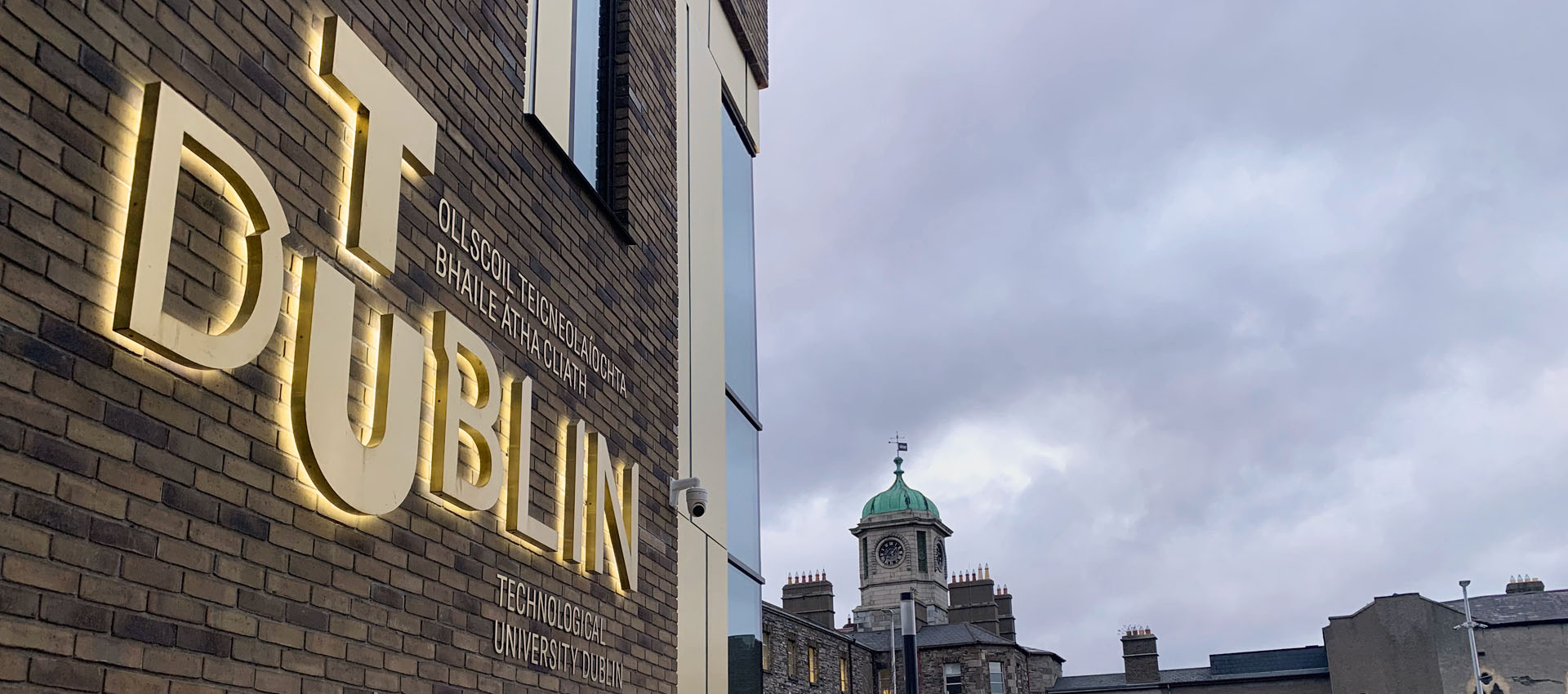 TU Dublin logo brass sign on East Quad building