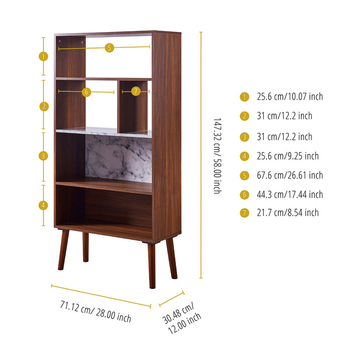 Teamson Home Kingston Wooden Bookcase with Faux Marble Shelf & Accents, White/Walnut