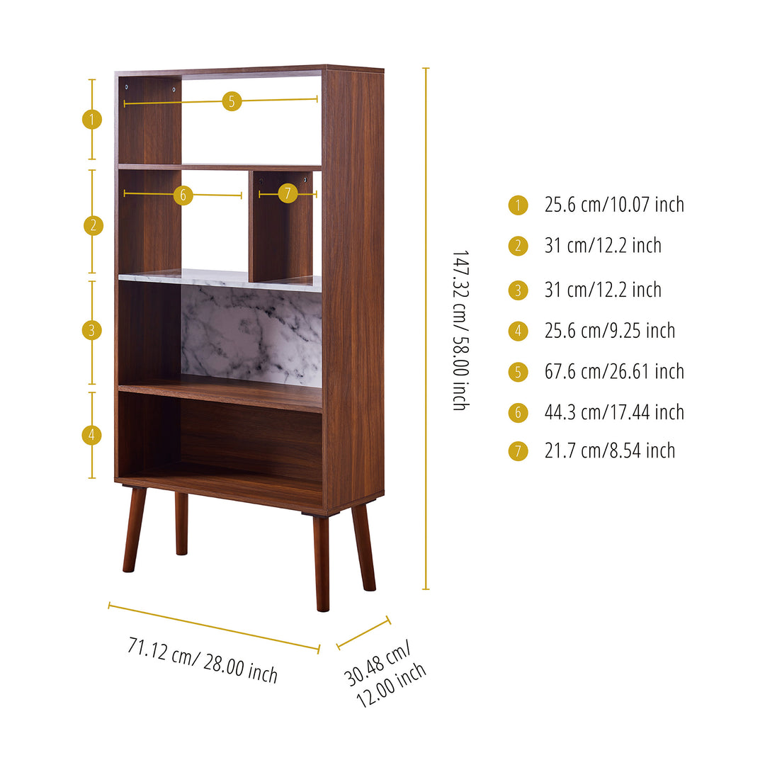 Teamson Home Kingston Wooden Bookcase with Faux Marble Shelf & Accents, White/Walnut