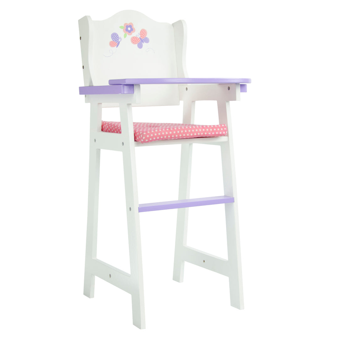 A white baby doll high chair with purple accents and a pink seat cushion