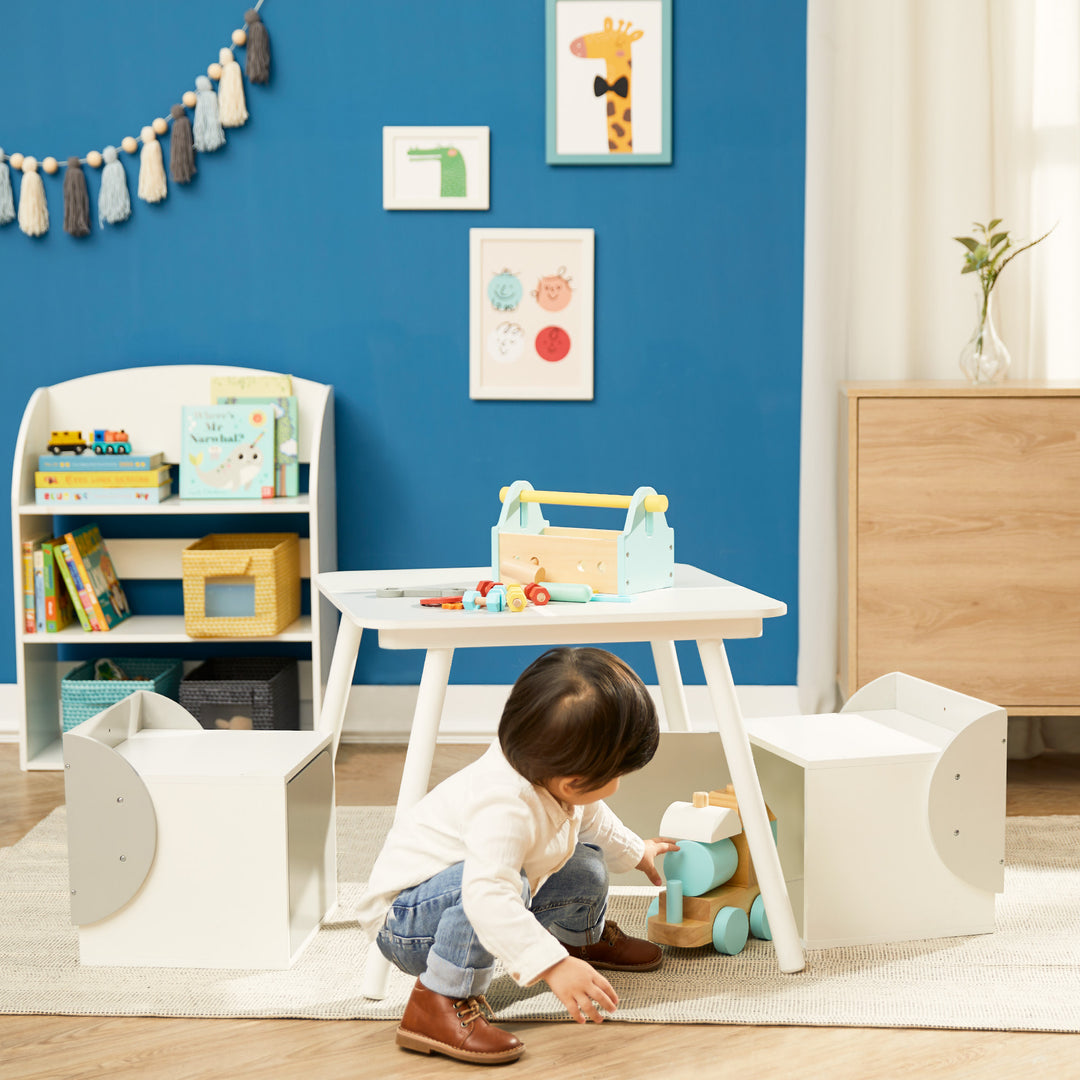 Fantasy Fields Kids Wooden Biscay Bricks Square Table and Two Chair Cubes with Underneath Storage, Gray/White