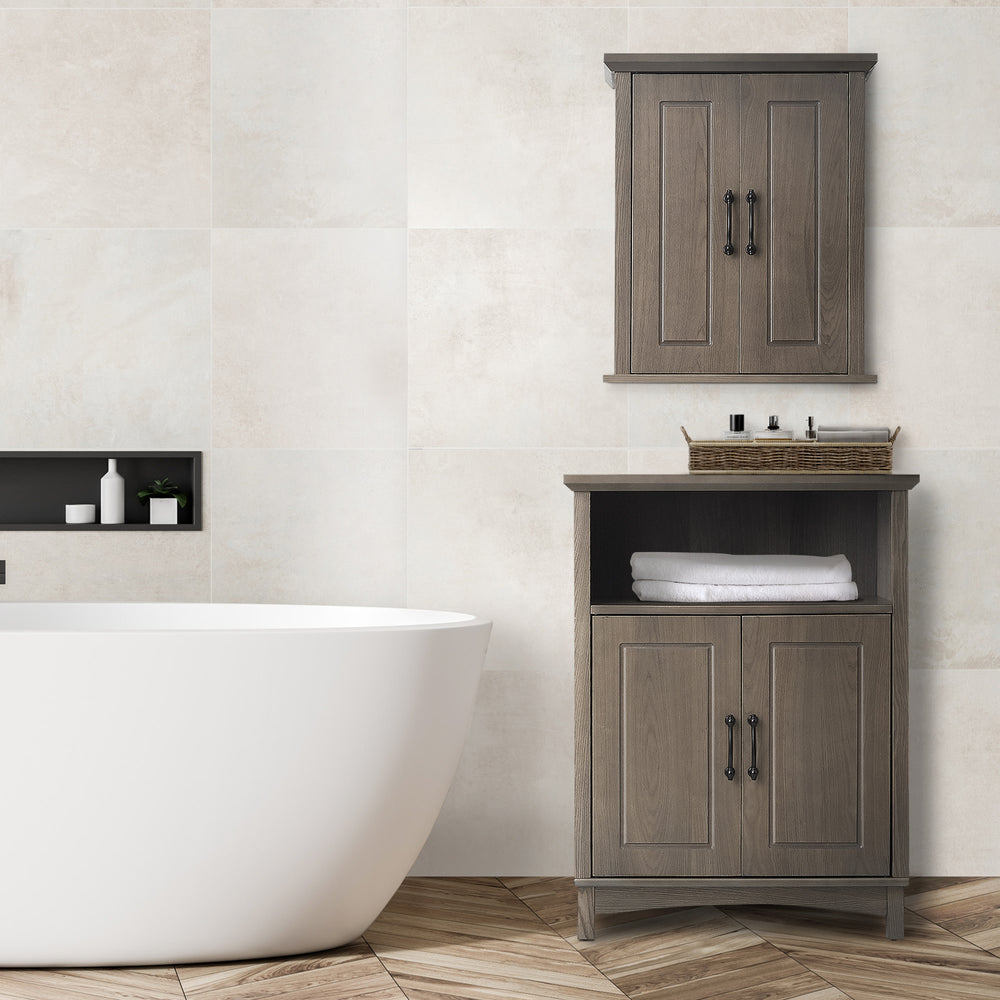 A Russell Salt Oak Floor Cabinet below a coordinating wall cabinet in a bathroom