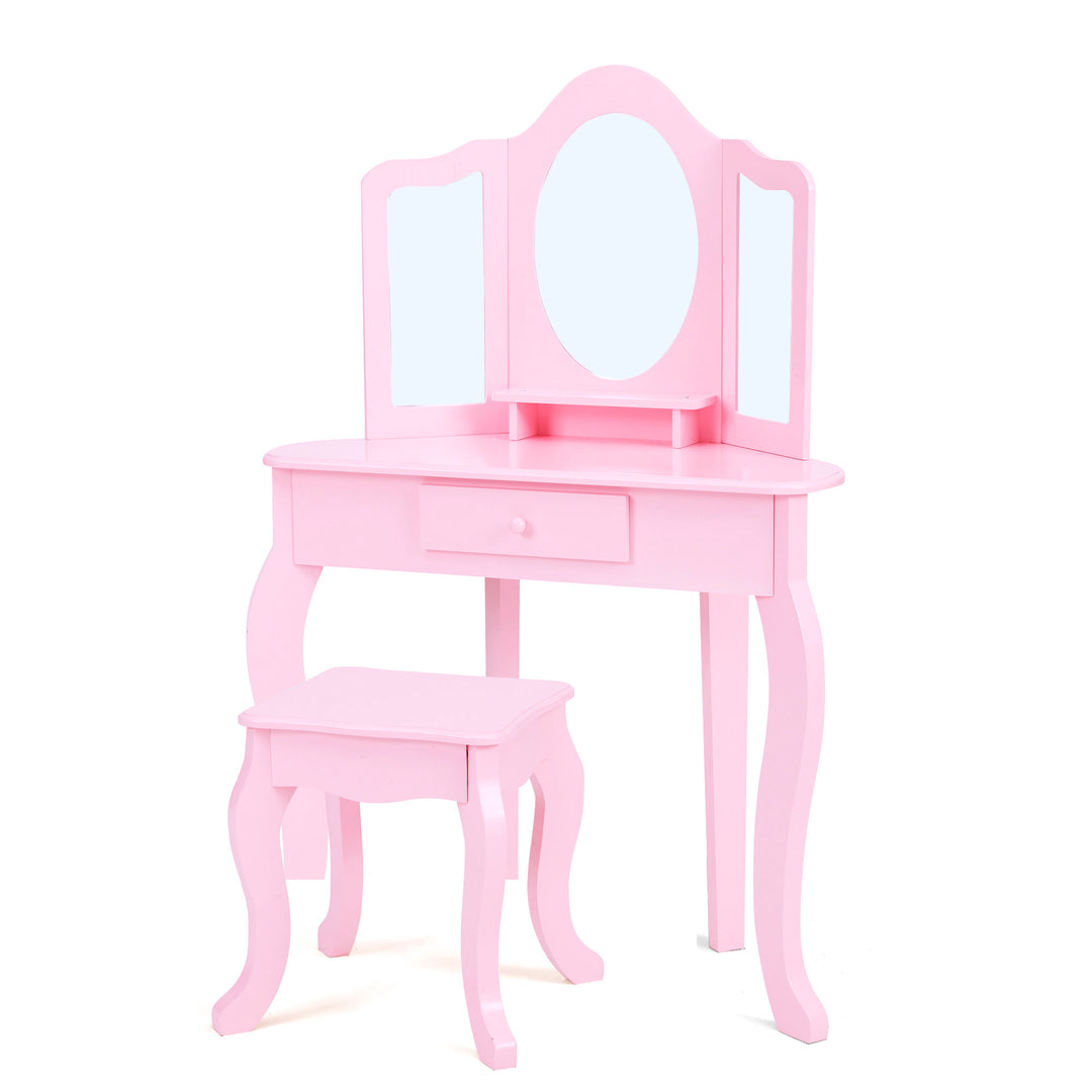 A pink vanity table and stool with a tri-fold mirror.