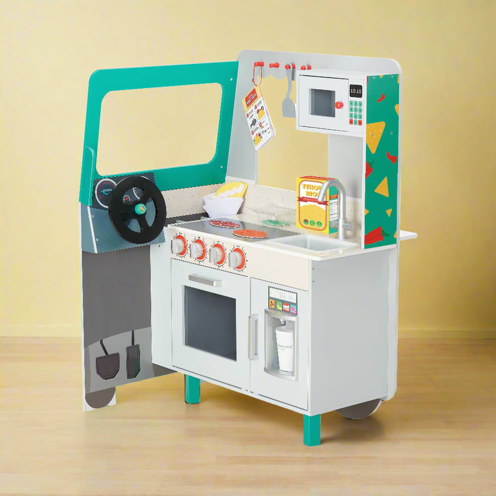 the inside of the taco truck which includes a full kitchen and wheel is displayed in a yellow room