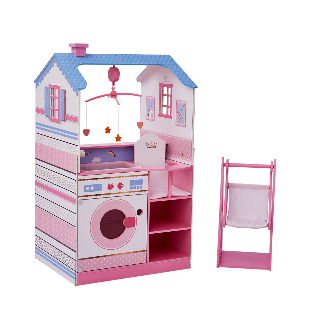 A baby doll changing station/dollhouse combination play set in periwinkle and pinks with an individual baby doll swing.