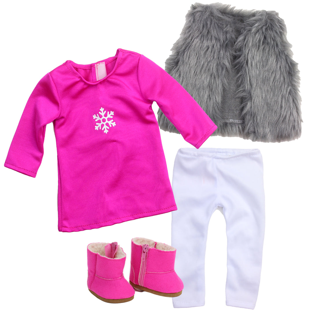 Sophia’s Snowflake T-Shirt Tunic Dress, Shaggy Faux Fur Vest, Solid-Colored Leggings, & Booties Winter Outfit Set for 18” Dolls, Hot Pink/Silver/White