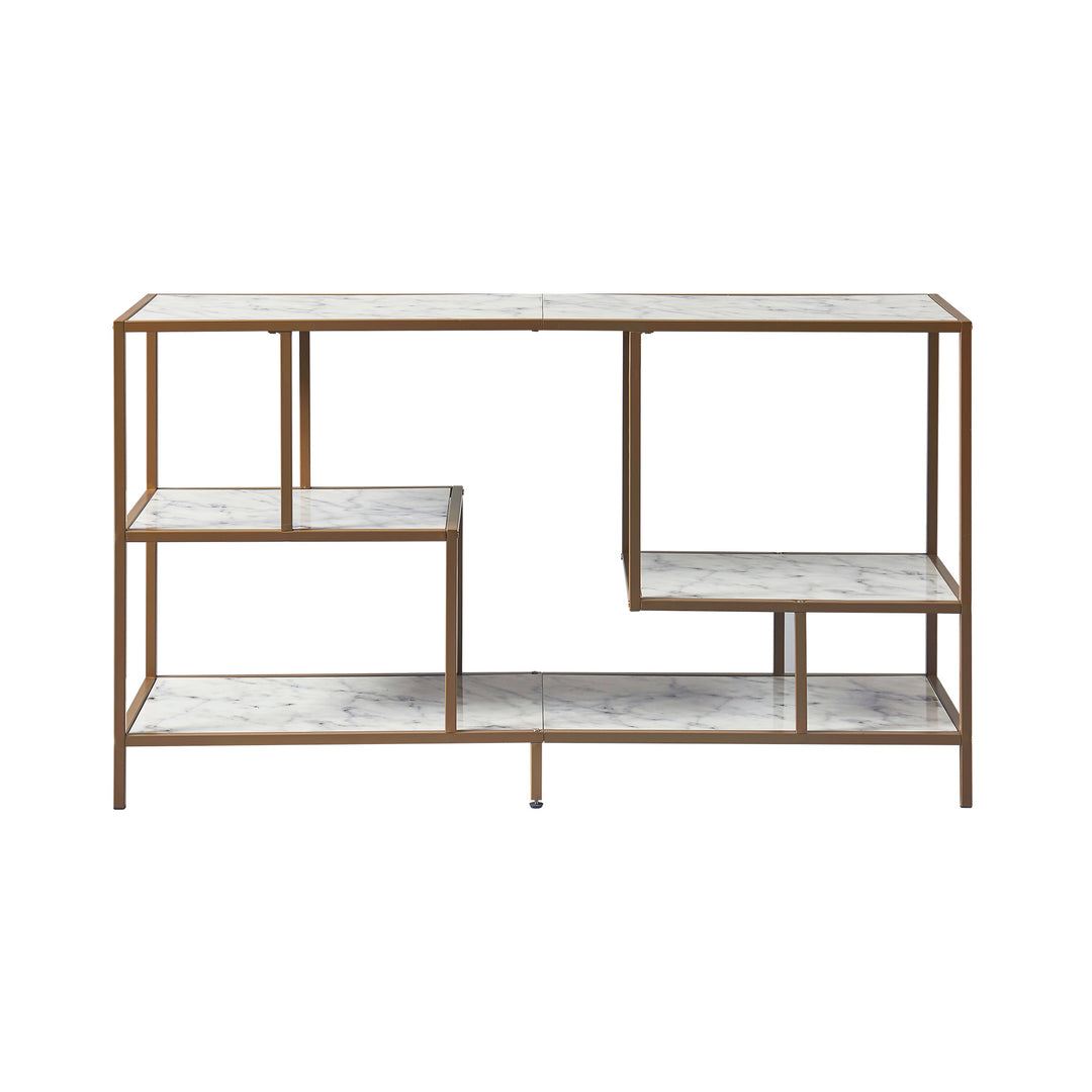 Teamson Home Marmo Modern Media Stand & Console Table with Open Geometric Shelves & Faux Marble Finish, White/Brass