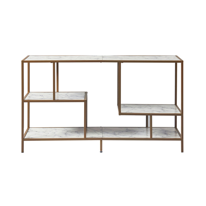 Teamson Home Marmo Modern Media Stand & Console Table with Open Geometric Shelves & Faux Marble Finish, White/Brass