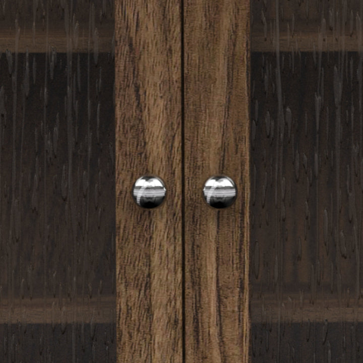 Close up of silver knobs and walnut finish.