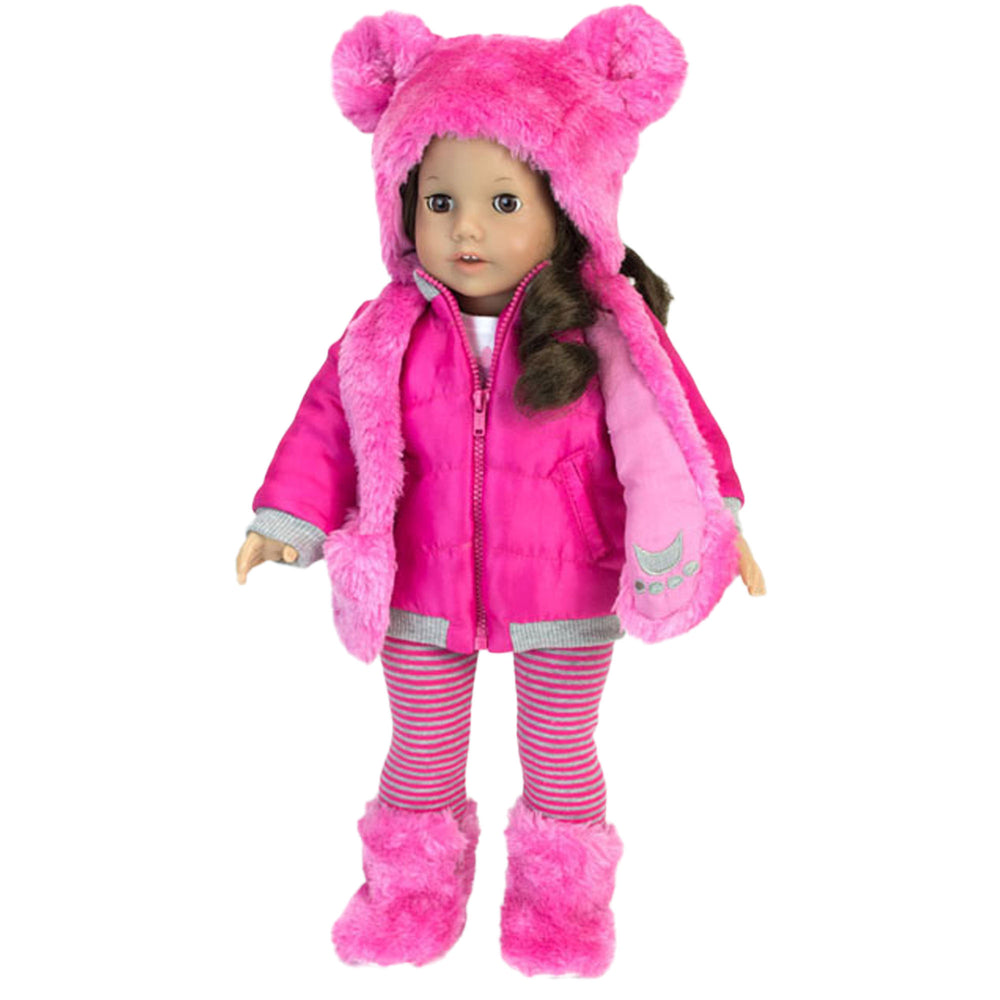 Sophia's 4 Piece Winter Outfit with Bear faux fur Hat Set for 18'' Dolls, Hot Pink