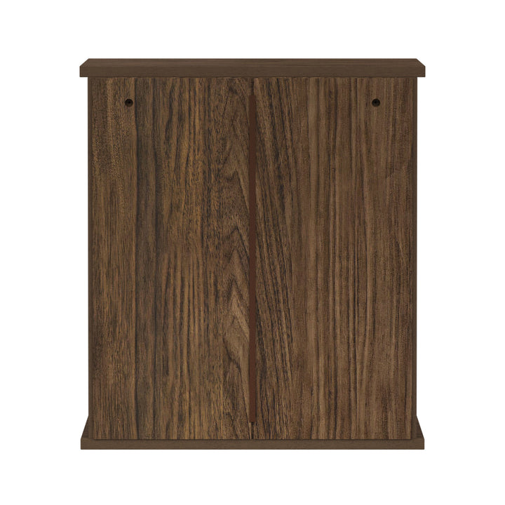 Back view of a walnut-finished wall cabinet.