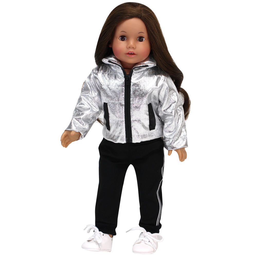 Sophia’s Complete Four-Piece Metallic Zip-Up Jacket, Black Side Stripe Joggers, Sneakers, & Pom Pom Hat for 18” Dolls, Silver/Black