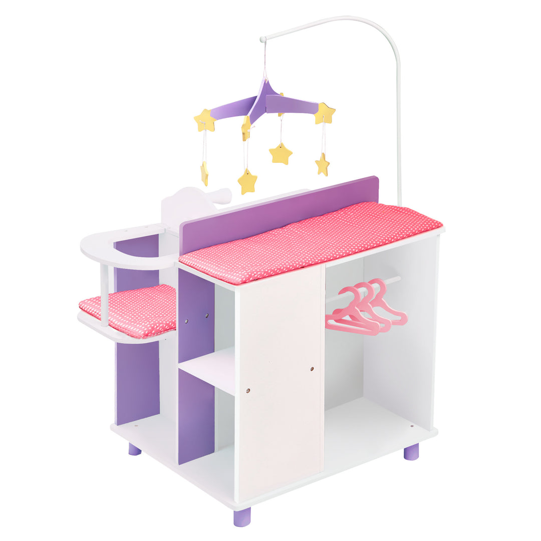 A baby doll changing station in pink, purple, and white with a closet, storage shelves, high chair, mobile, sink, and changing table.