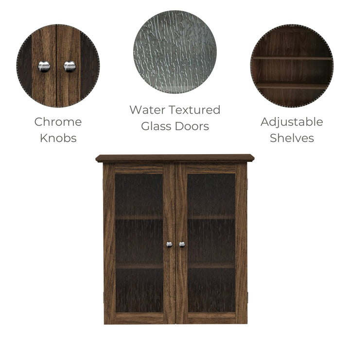 Infographic of a Walnut finished wall cabinet with callouts for chrome knobs, glass paneled doors, and adjustable shelves.