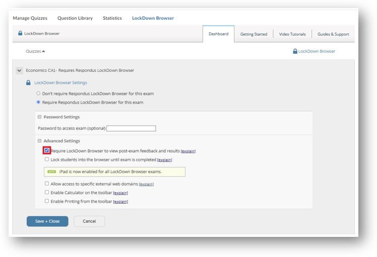 Image showing LockDown Browser settings