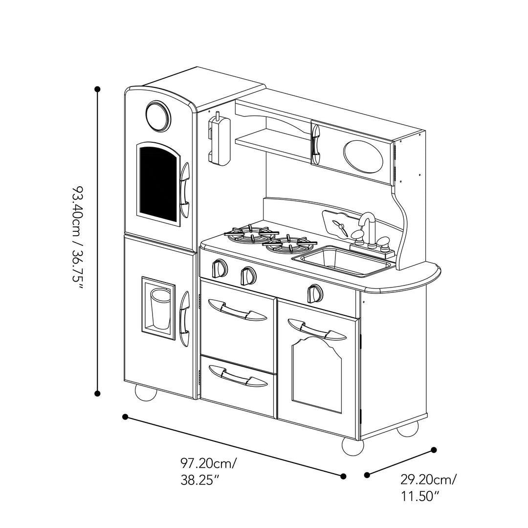 Exploded view of a Teamson Kids Little Chef Westchester Retro Kids Kitchen Playset, Mint included in a children's play kitchen set with interactive features and dimensions.