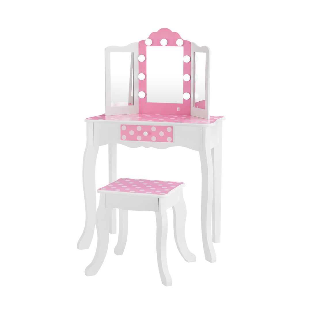 A white child's vanity set with pink and white polka-dotted accents