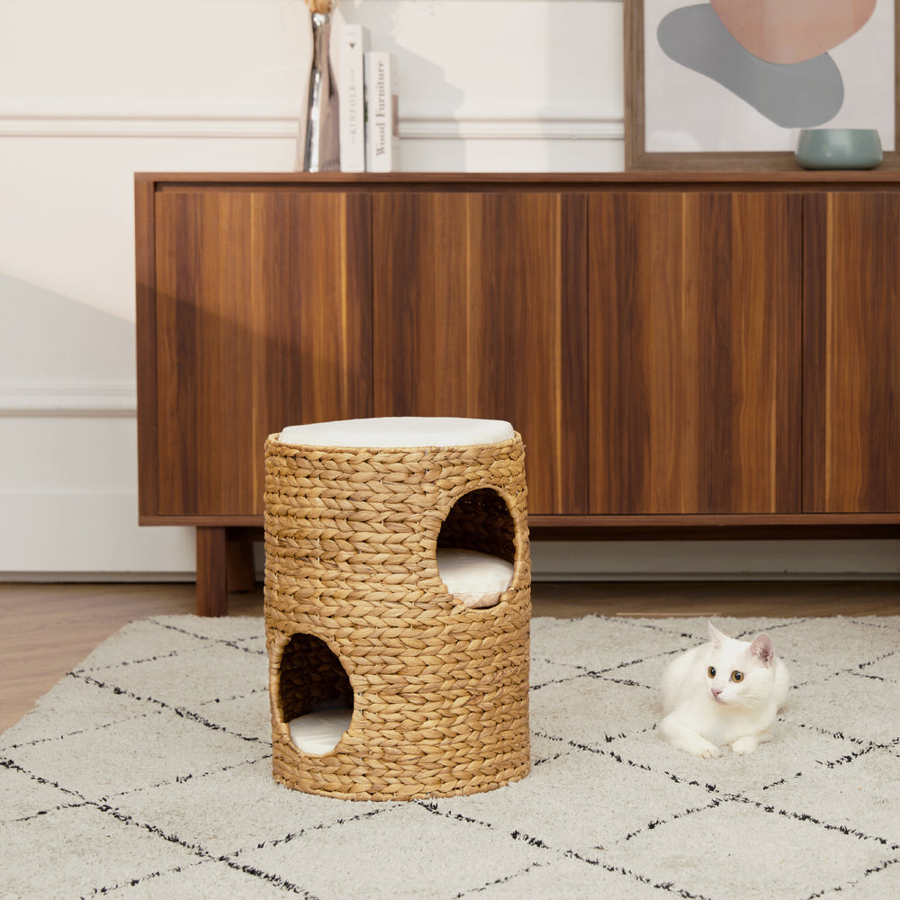 Teamson Pets Neith Wicker Seagrass 3-Tier Cat Bed Condo with Cushions, Tan/Cream