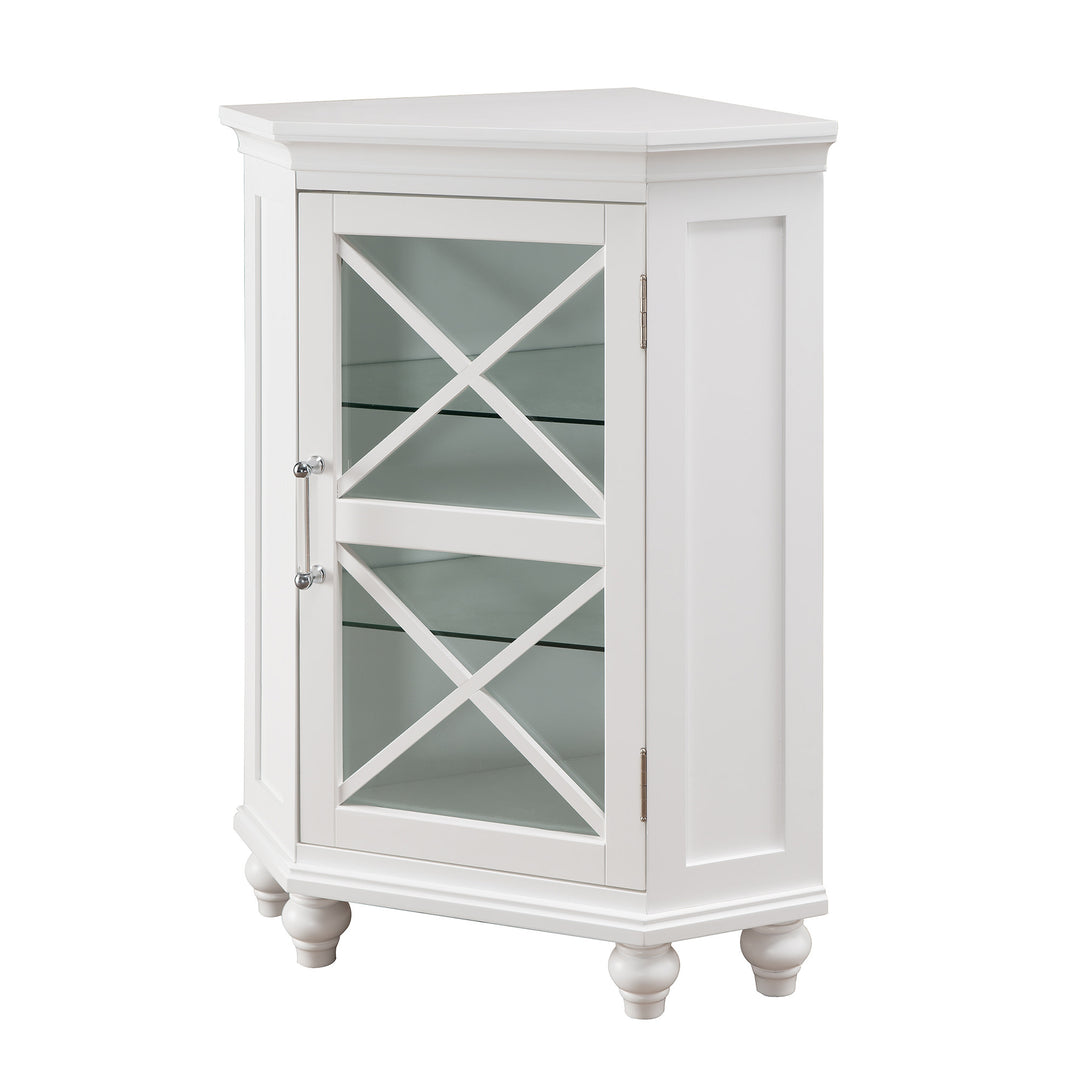 A corner floor cabinet with a glass door and decorative feet