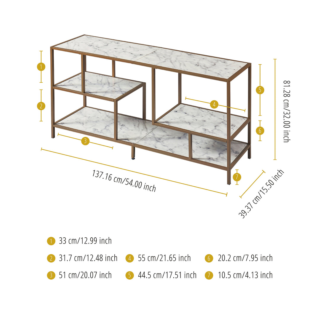 Teamson Home Marmo Modern Media Stand & Console Table with Open Geometric Shelves & Faux Marble Finish, White/Brass