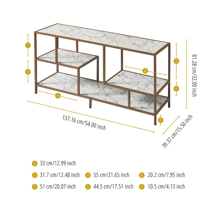 Teamson Home Marmo Modern Media Stand & Console Table with Open Geometric Shelves & Faux Marble Finish, White/Brass