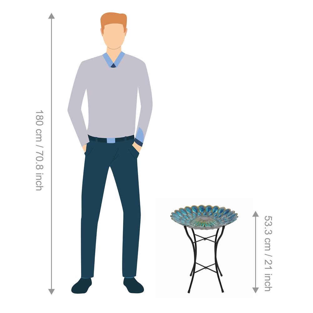 A comparison between an average size man and the solar fusion glass birdbath, measured in centimeters and inches.