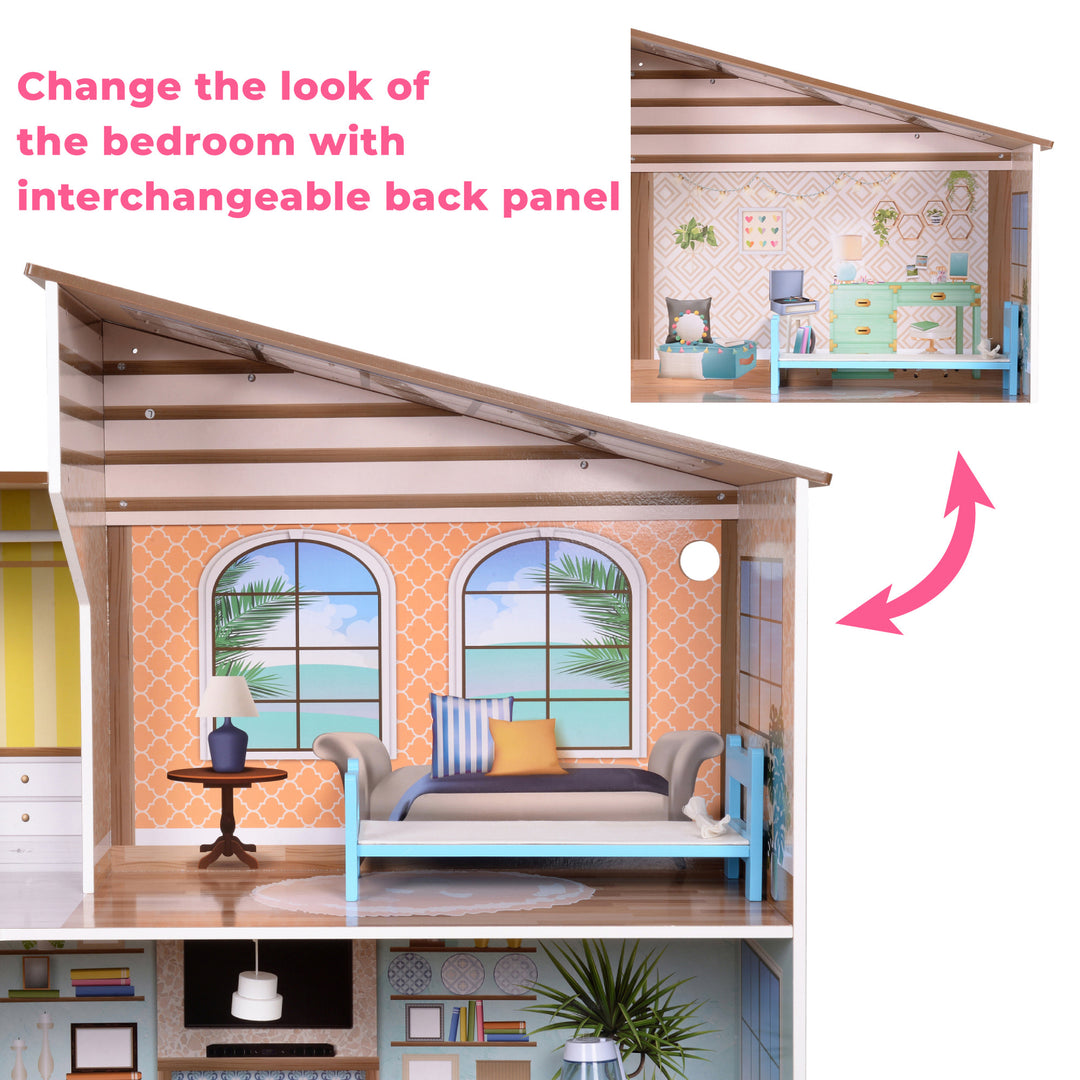 Views of the bedroom with the reversible panels with the caption "Change the look of the bedroom with interchangeable back panel."