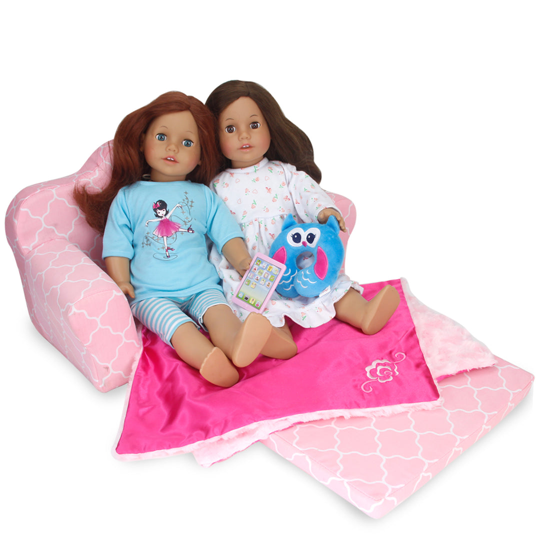 Sophia's 2-in-1 Plush Lattice-Printed Pull-Out Sofa Bed for Two 18'' Dolls, Pink