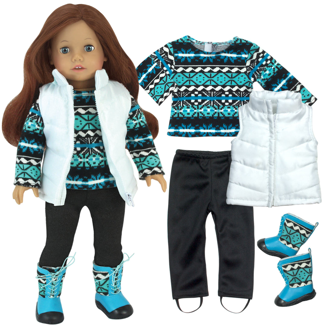 A 18" girl with brown hair, and a blue, black, and white sweater, black leggings, a white puffy vest, and blue and black boots.