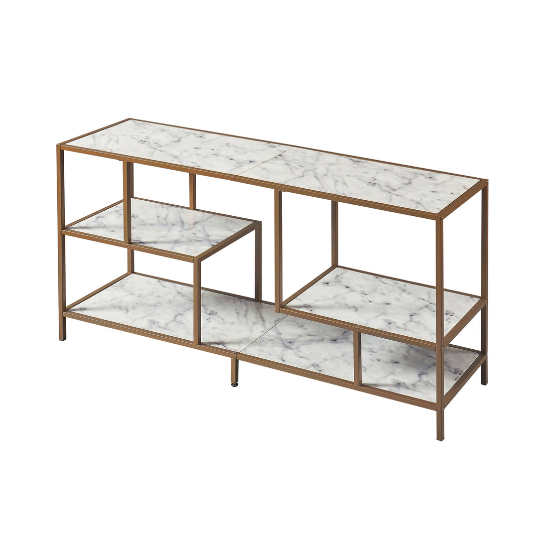 Teamson Home Marmo Modern Media Stand & Console Table with Open Geometric Shelves & Faux Marble Finish, White/Brass