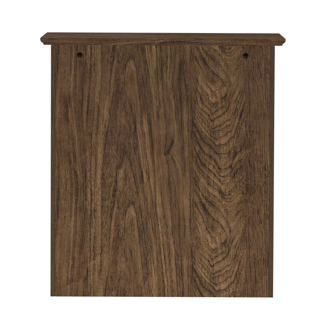 Back view of a walnut finished wall cabinet.