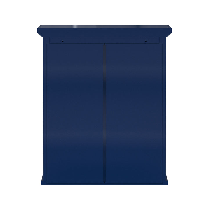 Back view of a navy blue wall cabinet.