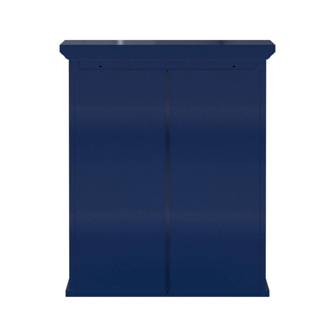 Back view of a navy blue wall cabinet.