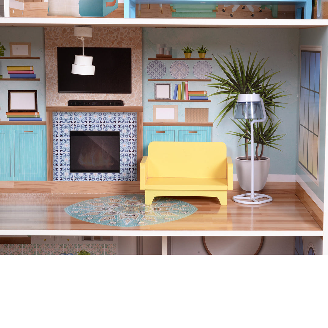 A close-up of the fully-illustrated living room with the floor lamp, pendant light and yellow couch.