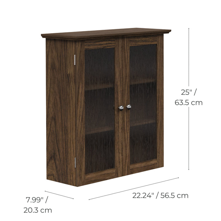 Dimensional graphic of Walnut finished wall cabinet in inches and centimeters.