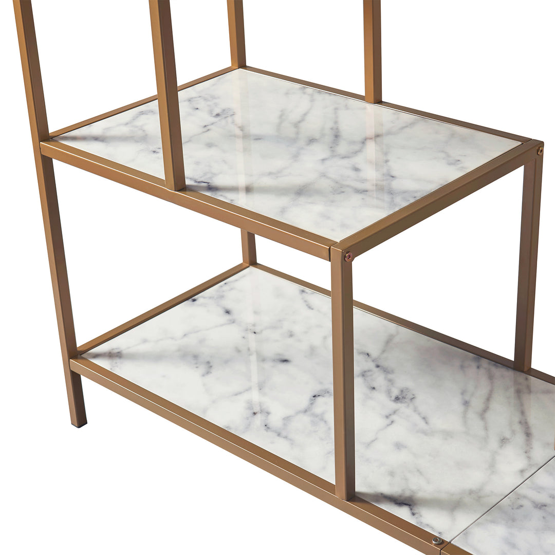 Teamson Home Marmo Modern Media Stand & Console Table with Open Geometric Shelves & Faux Marble Finish, White/Brass