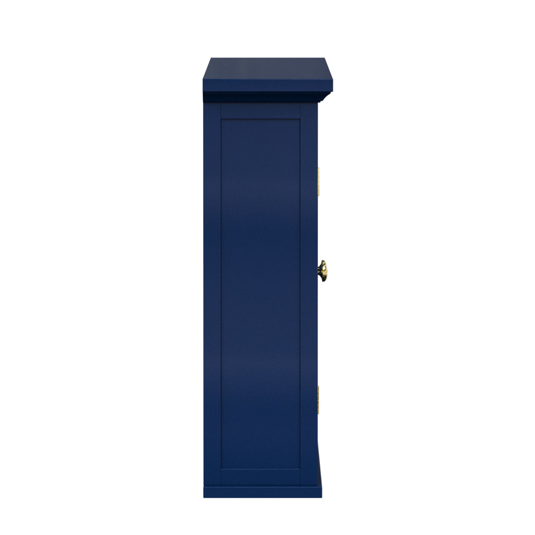 Side view of a navy blue wall cabinet.