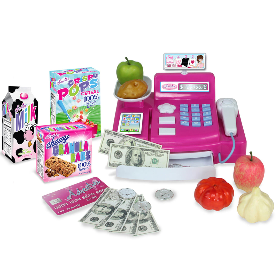 Sophia's Cash Register, Grocery Food, and Money Interactive Play Set for 18" Dolls, Hot Pink