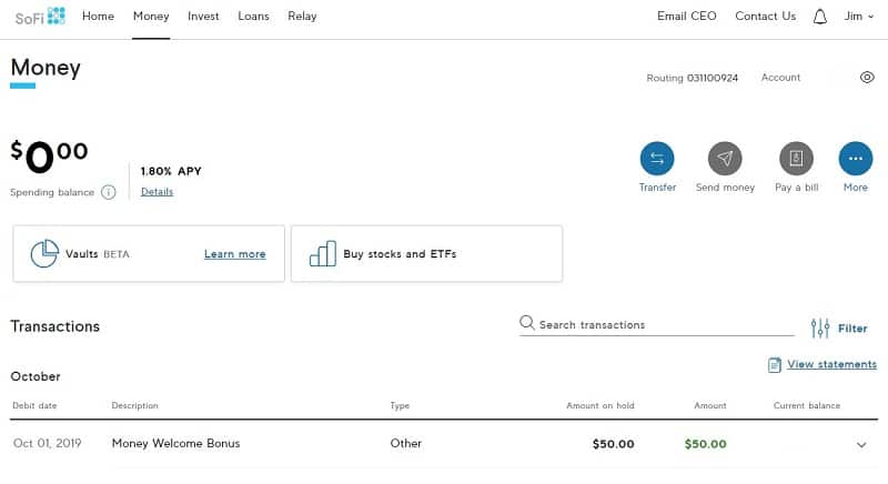 SoFi Money Dashboard